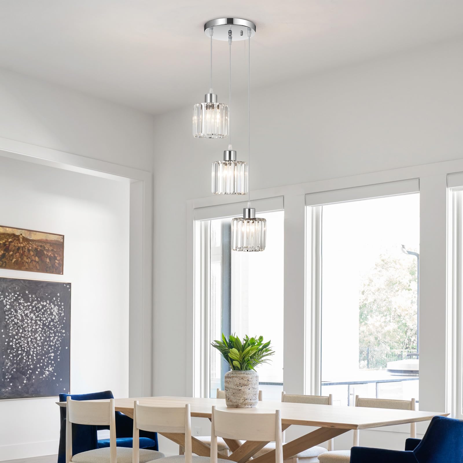 Lampadario a sospensione cristallo 3 luci,Lampadari moderni cromo,E27 Lampadario Camera da letto,regolabile in altezza,Lampada per Soggiorno,Cucina,Bagno,Corridoio,Sala da Pranzo