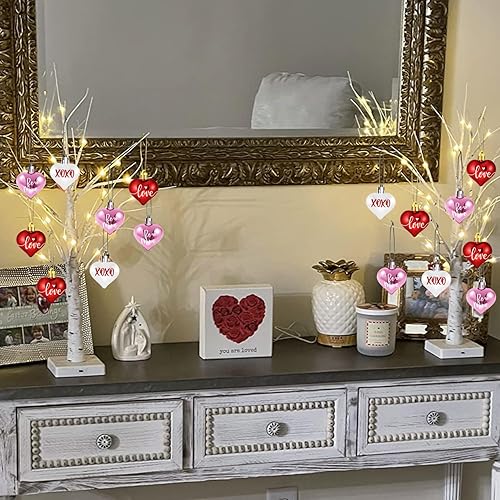 Miniatura 4 de Centro de mesa de abedul iluminado de San Valentín, 24 pulgadas con 12 adornos de corazón para decoración de oficina, hogar, mantel y escritorio