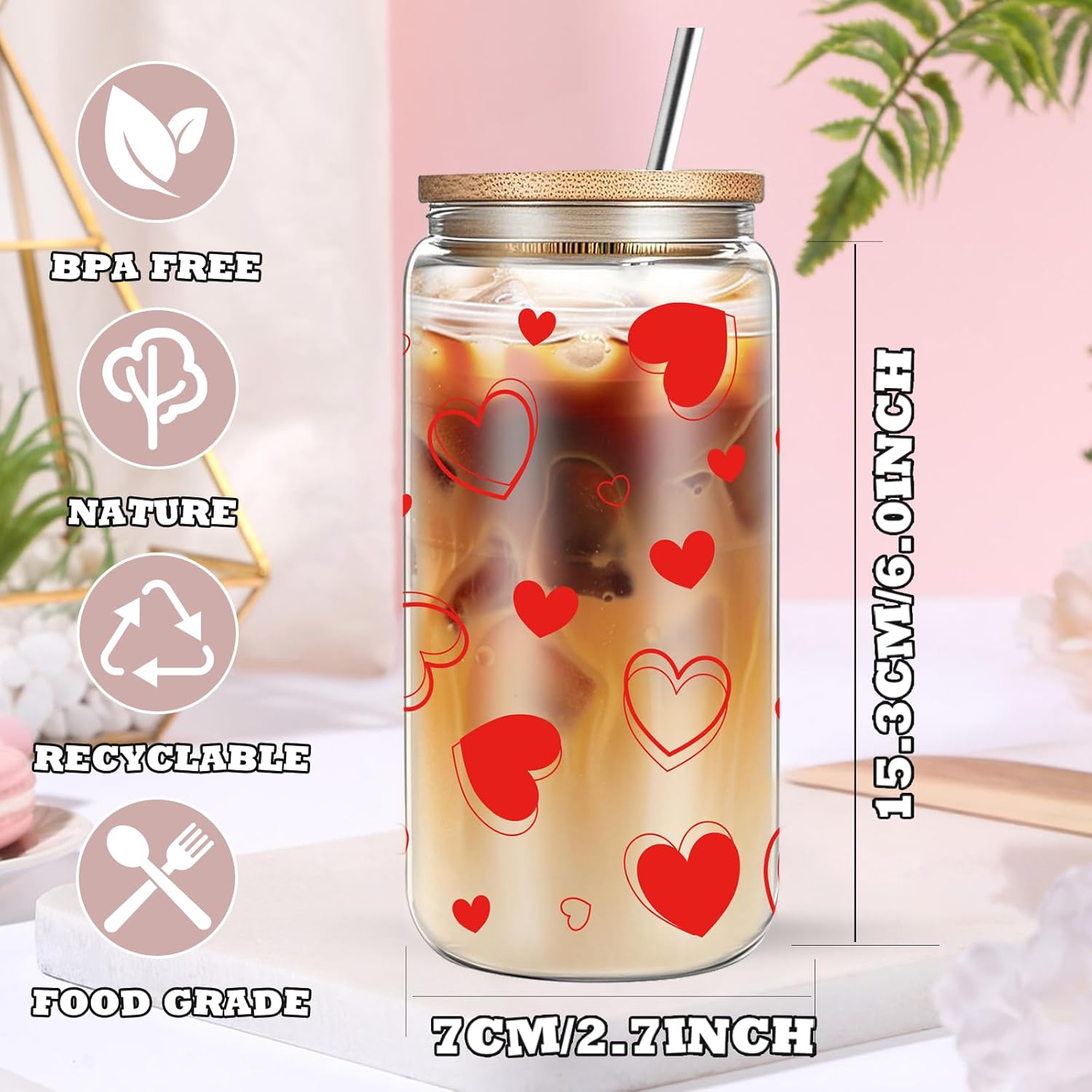 Valentines Day Gifts for Women, Preserved Roses Mothers Day ideas Gift, Unique 16 oz Valentines Glass Cup Necklace Gifts Set for Her Girlfriend Wife Mom Daughter Sister - Image 3