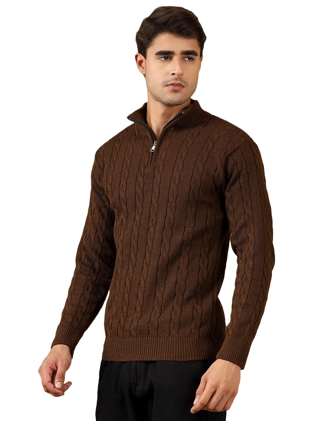 kvetoo Men's Wool High Neck Zipper Sweater, Full Sleeve Cable Knit Quarter Zip Winter Pullover-picture-58