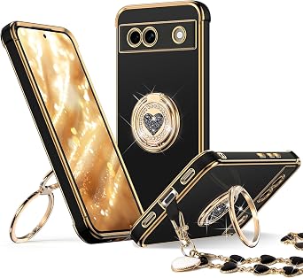 XYZ for Pixel 7A 5G Case with Stand, for Google Pixel 7A 5G Case with Double Ring, Women Girls Bling Luxury Protective Phone Case Heart for Google Pixel 7A 5G, Black