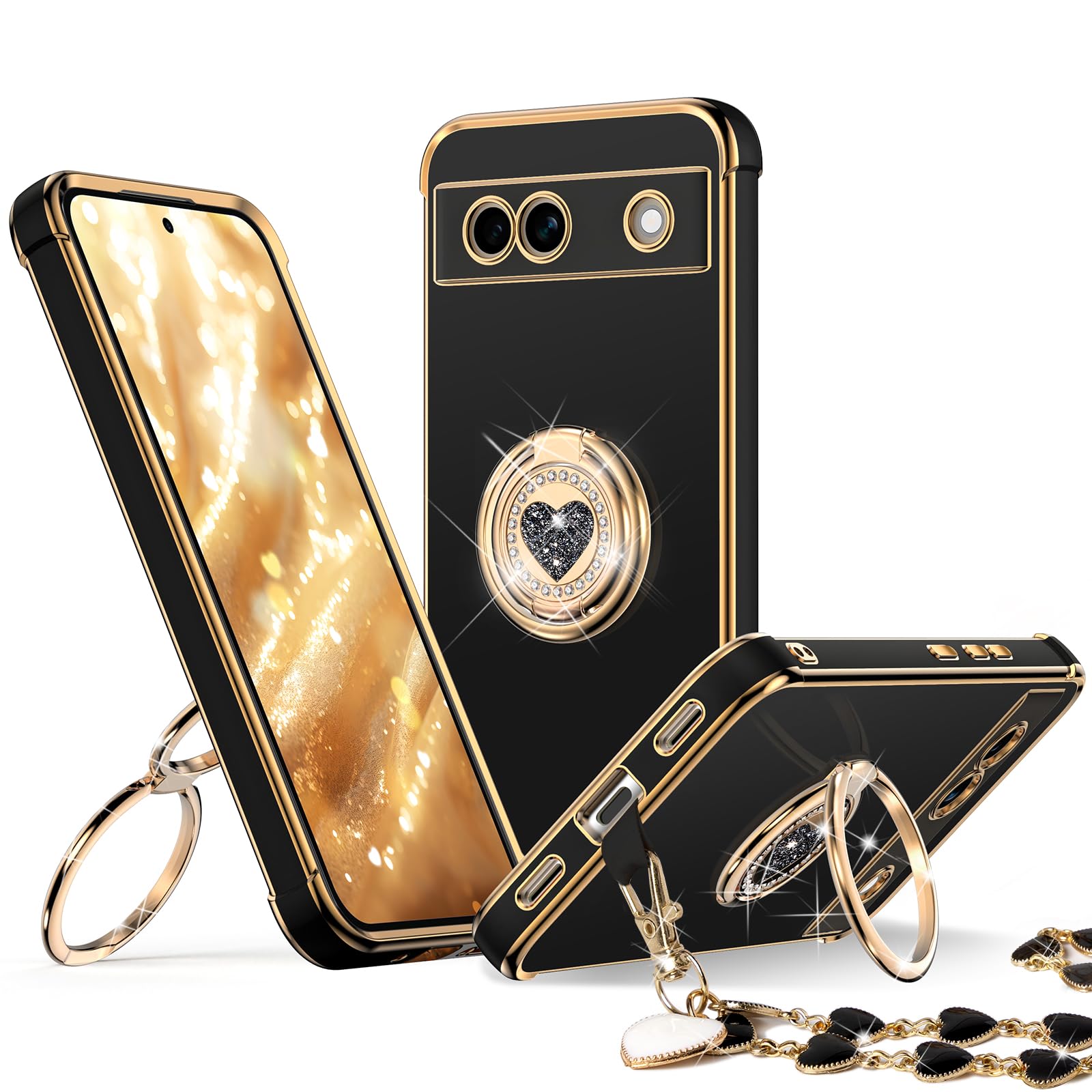 XYZ for Pixel 7A 5G Case with Stand, for Google Pixel 7A 5G Case with Double Ring, Women Girls Bling Luxury Protective Phone Case Heart for Google