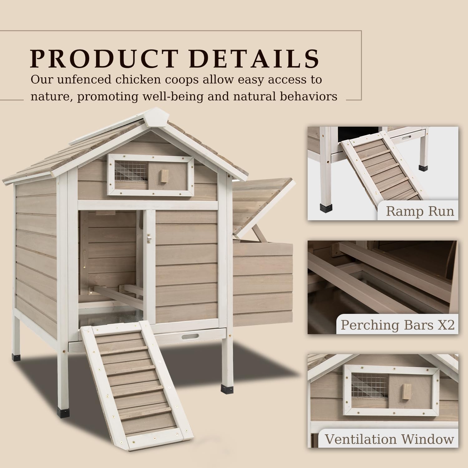 Chicken Coop Chicken House Outdoor with Removable Trays, Wooden Rabbit Hutch Poultry Cage with Nesting Box, Indoor Hen House Chicken Cage with Ramp for Garden Backyard (32"L x 23.6"W x 36.6"H)