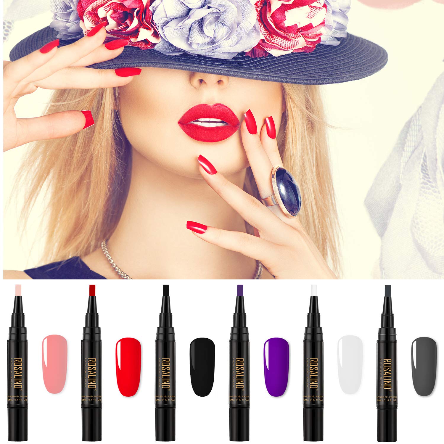 6 Pieces Nail Polish Pen 5 ml One Step Nail Gel Pen 3 in 1 Soak Off UV LED Nail Varnish Nail Design Tools, No Base and Top Coat Needed for Women Girls (Rose Gold, Red, Black, Purple, White, Gray)