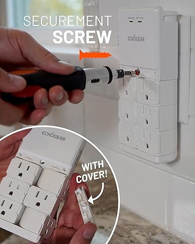 Miniatura 5 de ECHOGEAR Toma de pared con puertos USB y protección contra sobretensiones, 8 dispositivos 6 enchufes giratorios de CA, 2 incluye 1 puerto USB-C