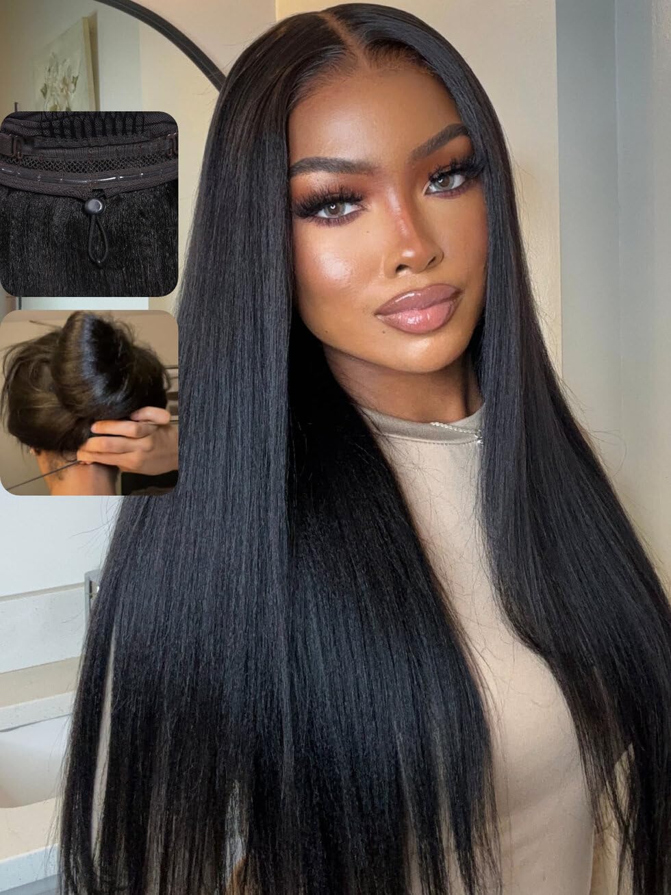 UNICE Bye Bye Knots Wig Yaki Straight 7x5 Pre Cut HD Lace Front Wigs Human Hair with Elastic Drawstring Glueless Wig Human Hair Pre Plucked Bleached