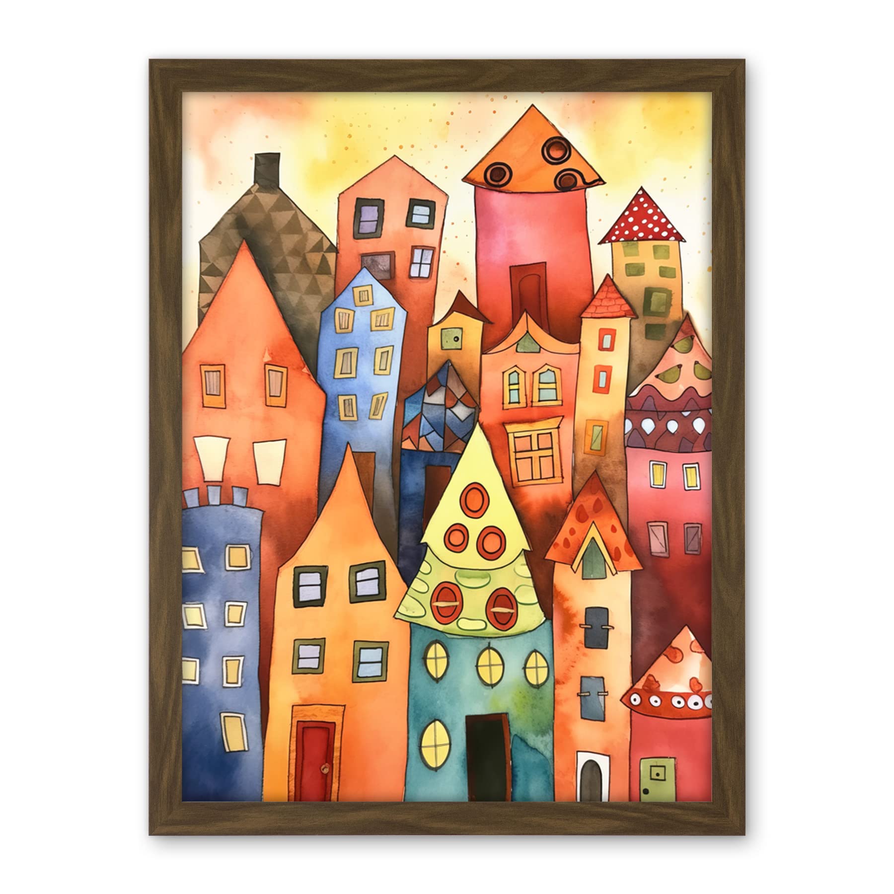 Artery8 Colourful Townscape Folk Art Watercolour Painting Artwork Framed Wall Art Print 18X24 Inch