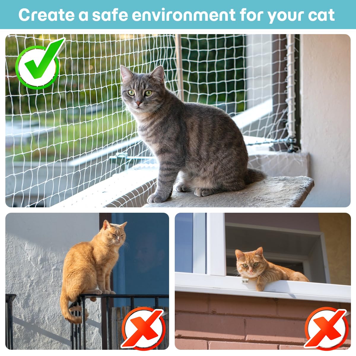 Rete per Gatti Balcone, 10 x 3m Rete Gatti Balcone Rinforzata, Rete Gatto con Maglie da 2,5×2,5 cm Adattoper Interni ed Esterni per Balconi, Finestre, lucernari