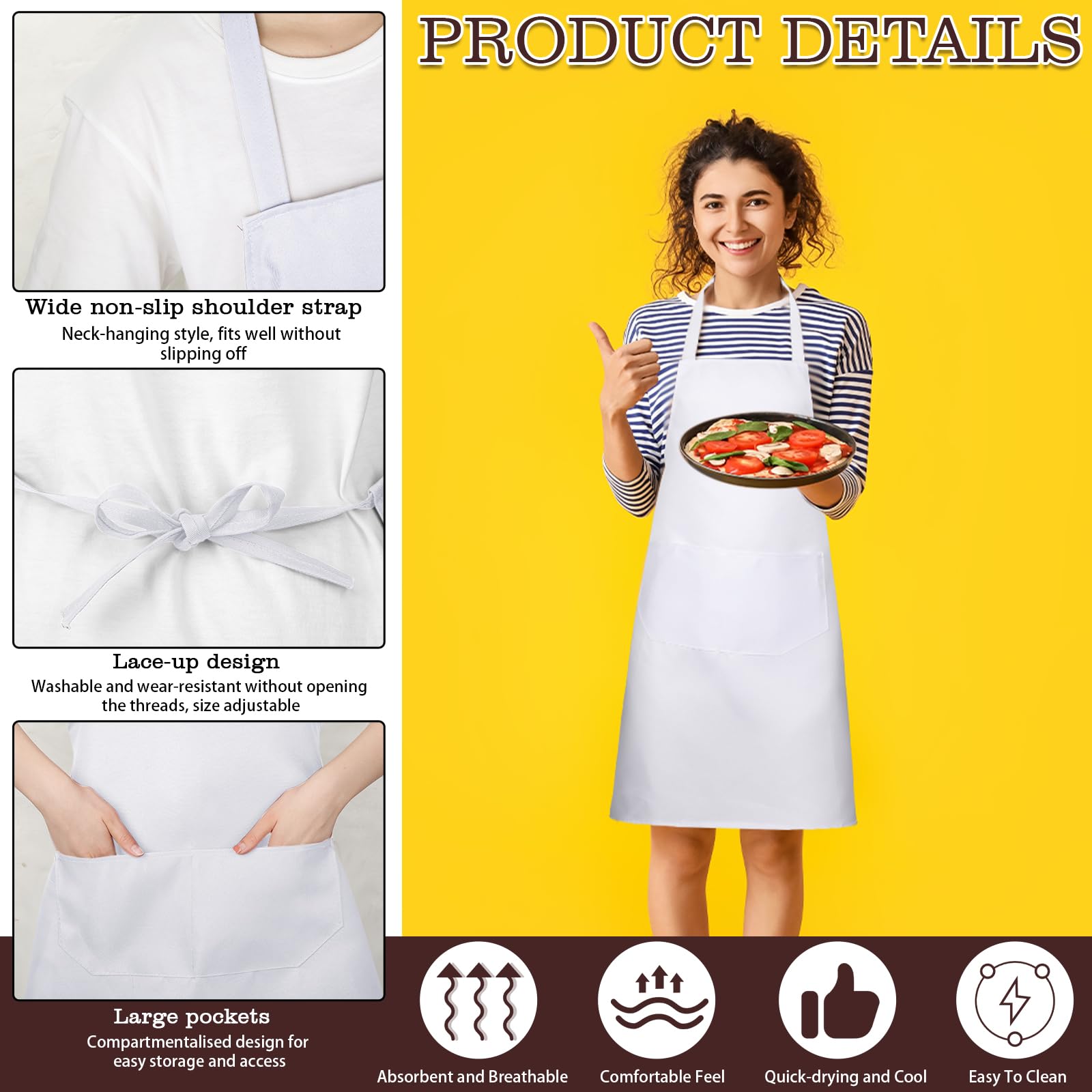 Bonuci Delantal liso unisex con 2 bolsillos para cocinar, para mujeres adultas, chef, cocina, Blanco, talla única