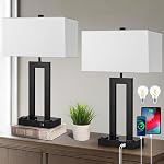Modern Table Lamps Set of 2-22" Tall Bedside Lamps with USB-C/USB-A Charge Ports & Outlet, Stepless Dimmable Fabric Cream Shade Nightstand Lamps for Bedroom & Living Room