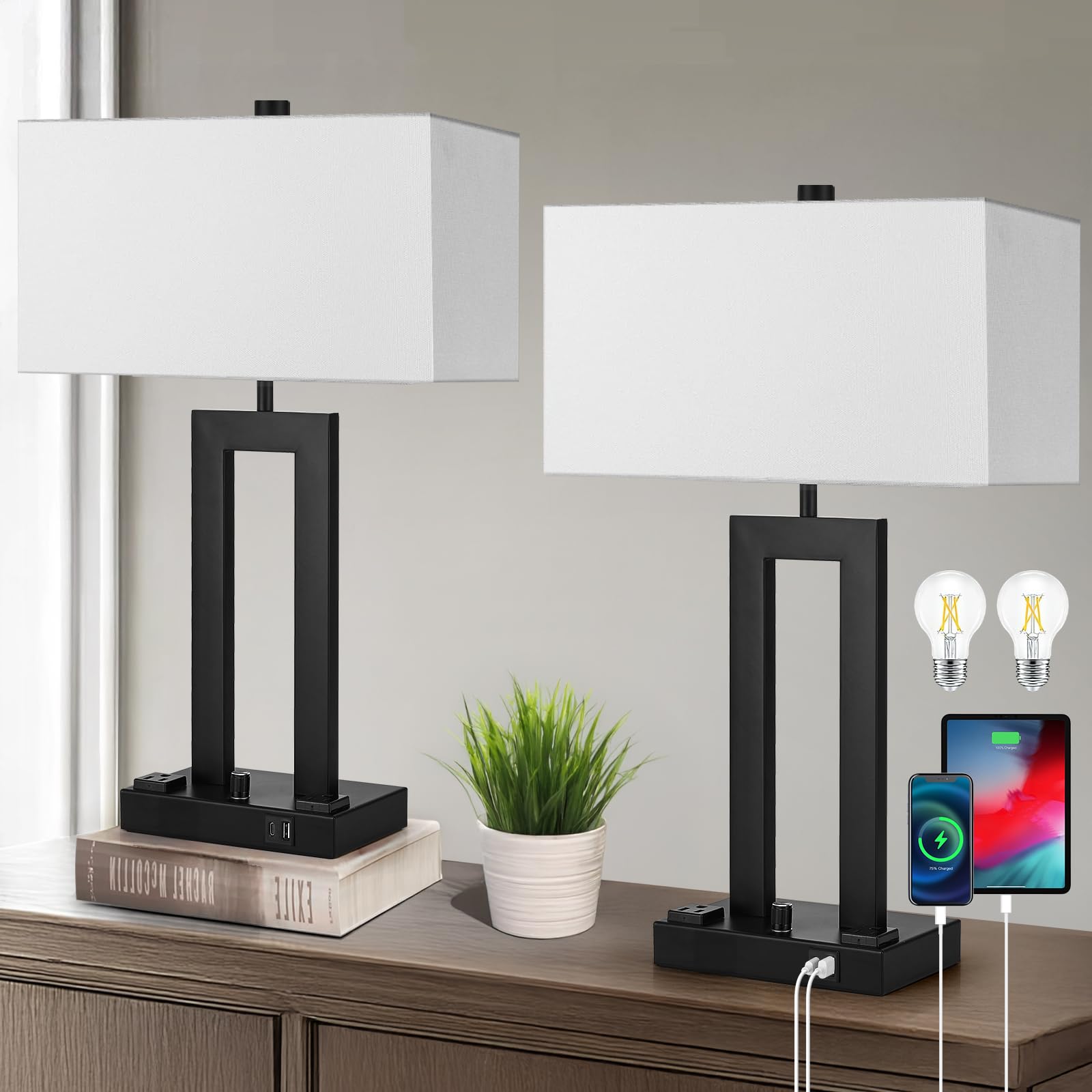 Vikdio Modern Table Lamps Set of 2-22" Tall Bedside Lamps with USB-C/USB-A Charge Ports & Outlet, Stepless Dimmable Fabric White Shade Nightstand