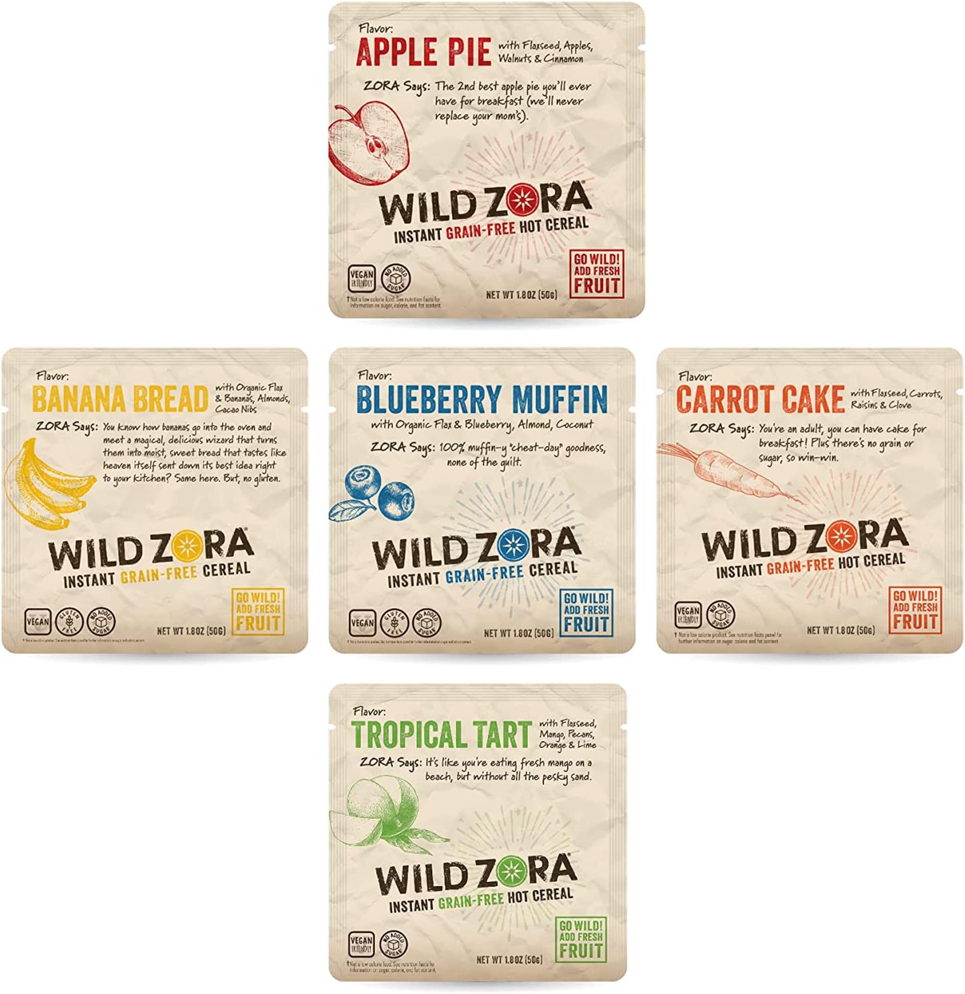 Wild Zora Instant Grain-Free Hot Cereal - Tasty Paleo Friendly Cereals, Instant Hot Meal, Breakfast to Go, Oatmeal Substitute, No Added Sugar, Grain, Dairy, or Soy, Gluten Free, 5-Pack Variety