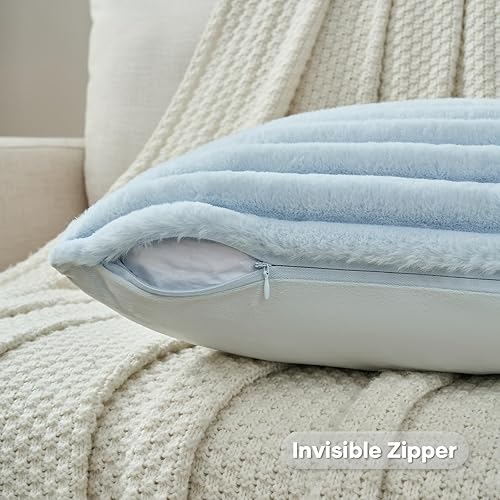 Miniatura 3 de FUTEI - Juego de 2 fundas de almohada decorativas con rayas, cuadradas y primaverales, piel sintética de conejo suave y acogedora y respaldo de Azul