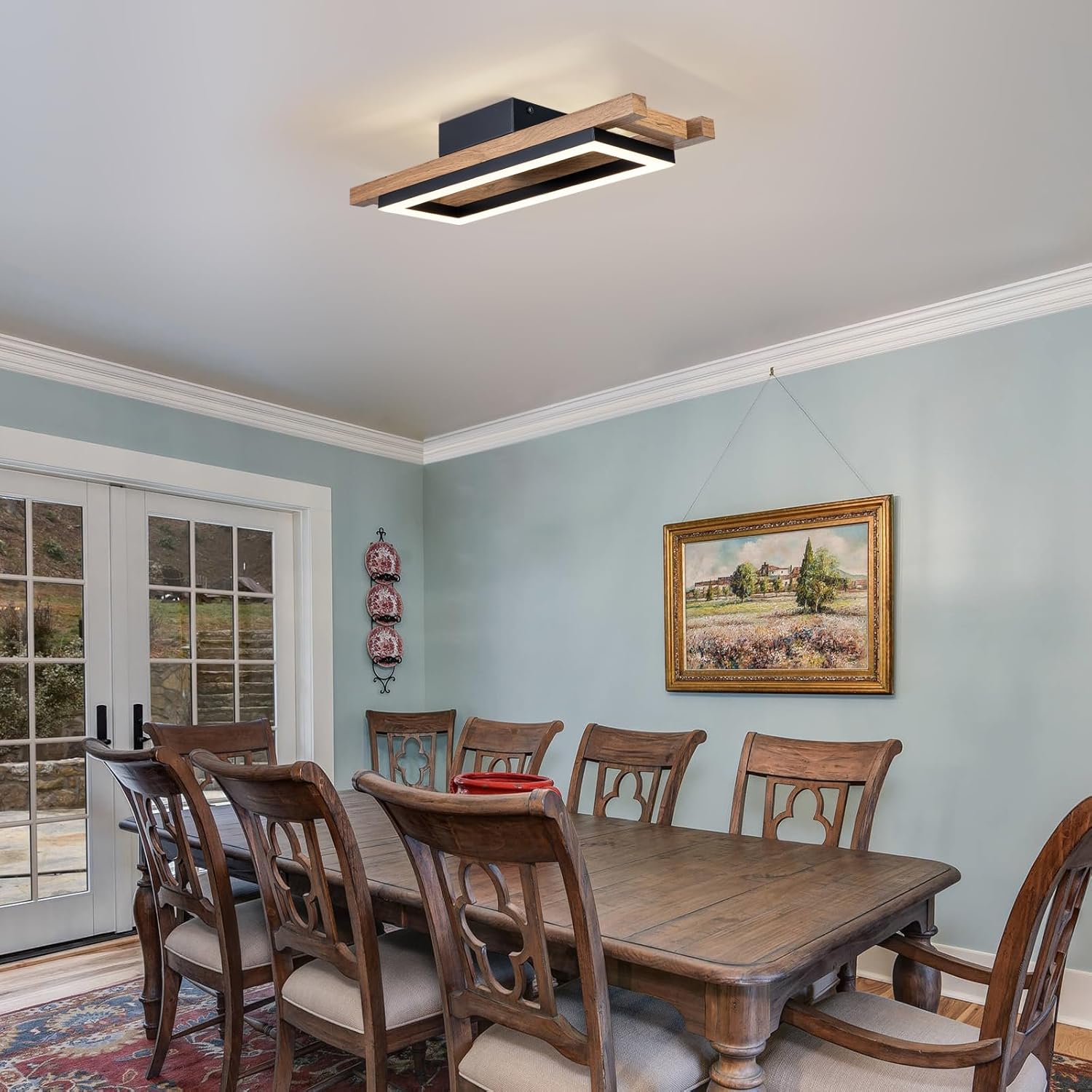 Lingkai LED Modern Ceiling Lights Wooden Square Rectangular Lamp Fixture Wood, 17.3in 12w Modern Kitchen Ceiling Lighting Fixtures 3000K for Island Bedroom Living Room Hallways