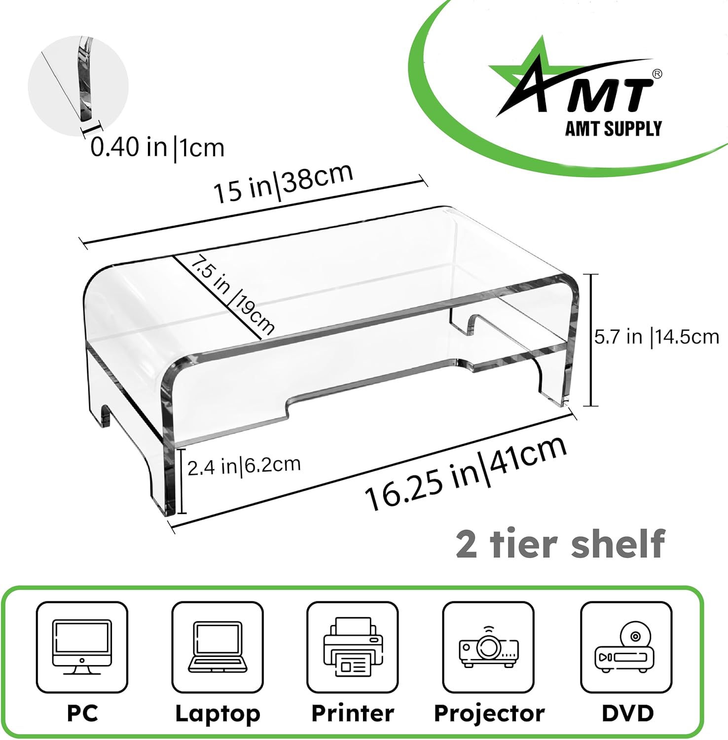 Mnixy AMT Premium Acrylic Clear Monitor Riser Laptop/PC/Multimedia Monitor Stand for Home Office (Medium- 2 Tier)