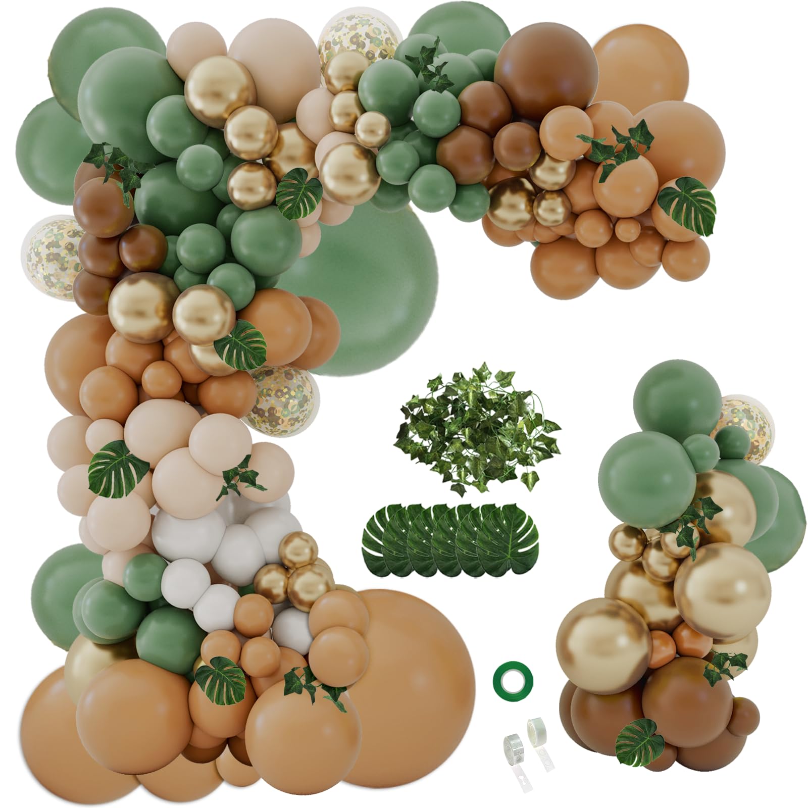 142PCS Sage Green Brown Balloon Garland Kit Jungle Safari Wild Woodland Balloon Arch Olive Green Gold Coffee Cocoa Balloons for Wedding Birthday Shower Party Decorations