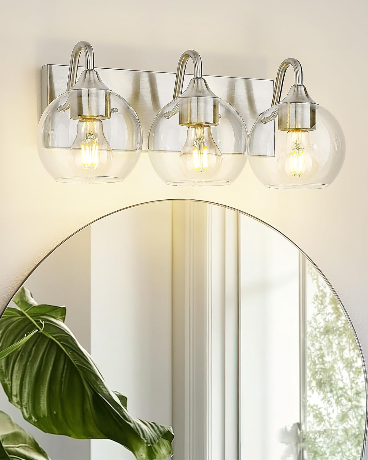 Emak 3-Light Bathroom Vanity Lights Over Mirror, Globe Bathroom Light Fixtures with Clear Glass Shade, Modern Brushed Nickel Vanity Light for Bath, Mirror, VL118-BN-CG-3