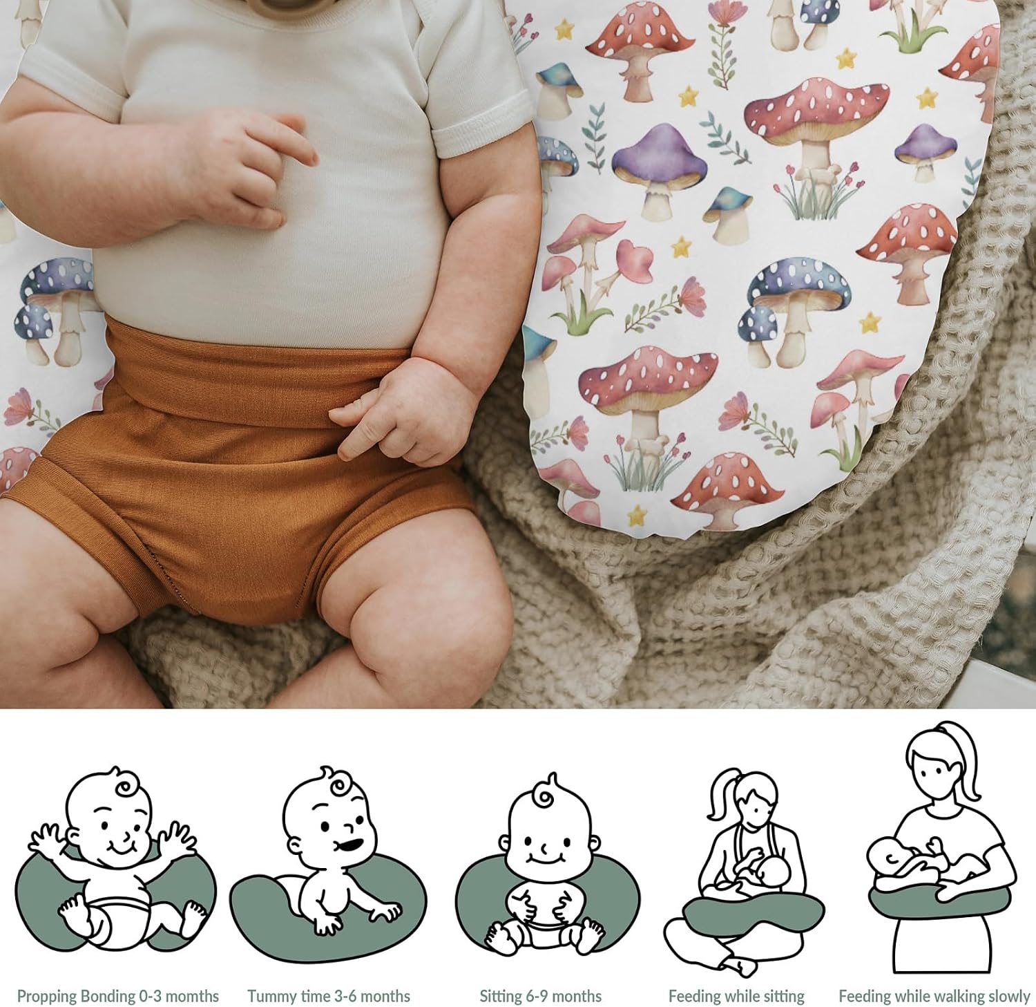 Fairytale Mushroom Baby Nursing Pillow Covers for Boy Girl Colorful Mushrooms Floral Leaves Nursing Pillowcase for Breastfeeding Pillows Magical Plant Soft Stretchy Slipcovers for Newborn Infant