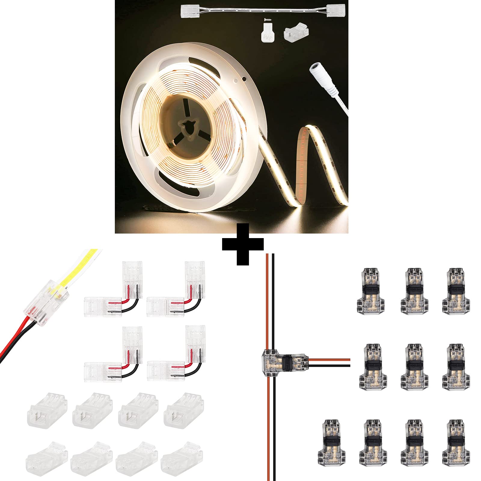 PAUTIXCOB LED Strip Light 3087LEDs 20ft/6.1m Natural White 4000K,CRI90+ Super Bright High Lumen,Lead-Free Material 24V Flexible LED Tape,Strip to Wire Connectors,T Tap Splitters Connectors