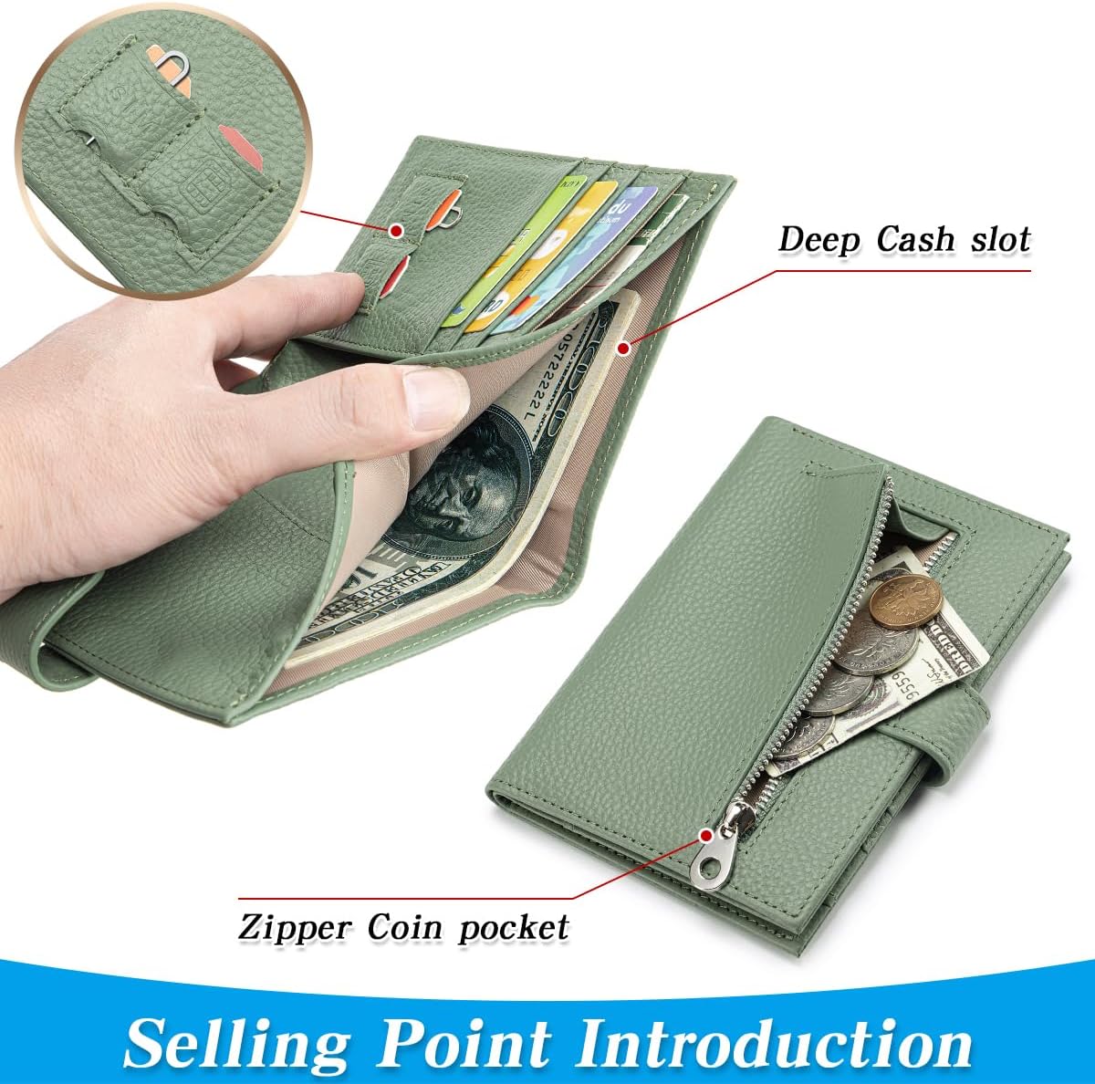 Passport Holder for Travel Women RFID Blocking Genuine Leather Passport Wallet with Card Slots, Zipper Coins Pocket, Cash Holder, Green - Image 3