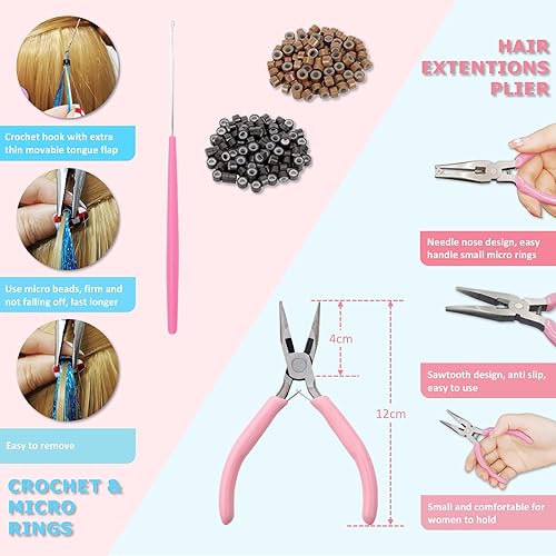 Miniatura 6 de Kit de oropel de cabello marrón con herramientas e instrucciones, fácil de usar, 1200 mechones, 48 pulgadas, extensiones de cabello con purpurina