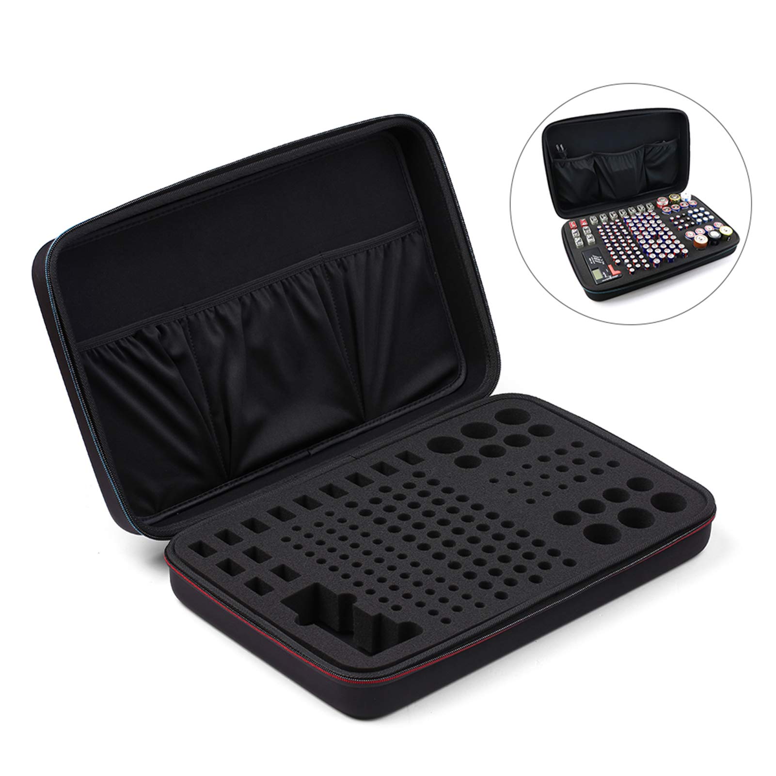 Stoßfeste Aufbewahrungsbox für 146 Batterien (AA AAA C D 9 V) mit Netztaschen für Ladegeräte, tragbare Organizer-Box für Zuhause, Reisen und den professionellen Gebrauch