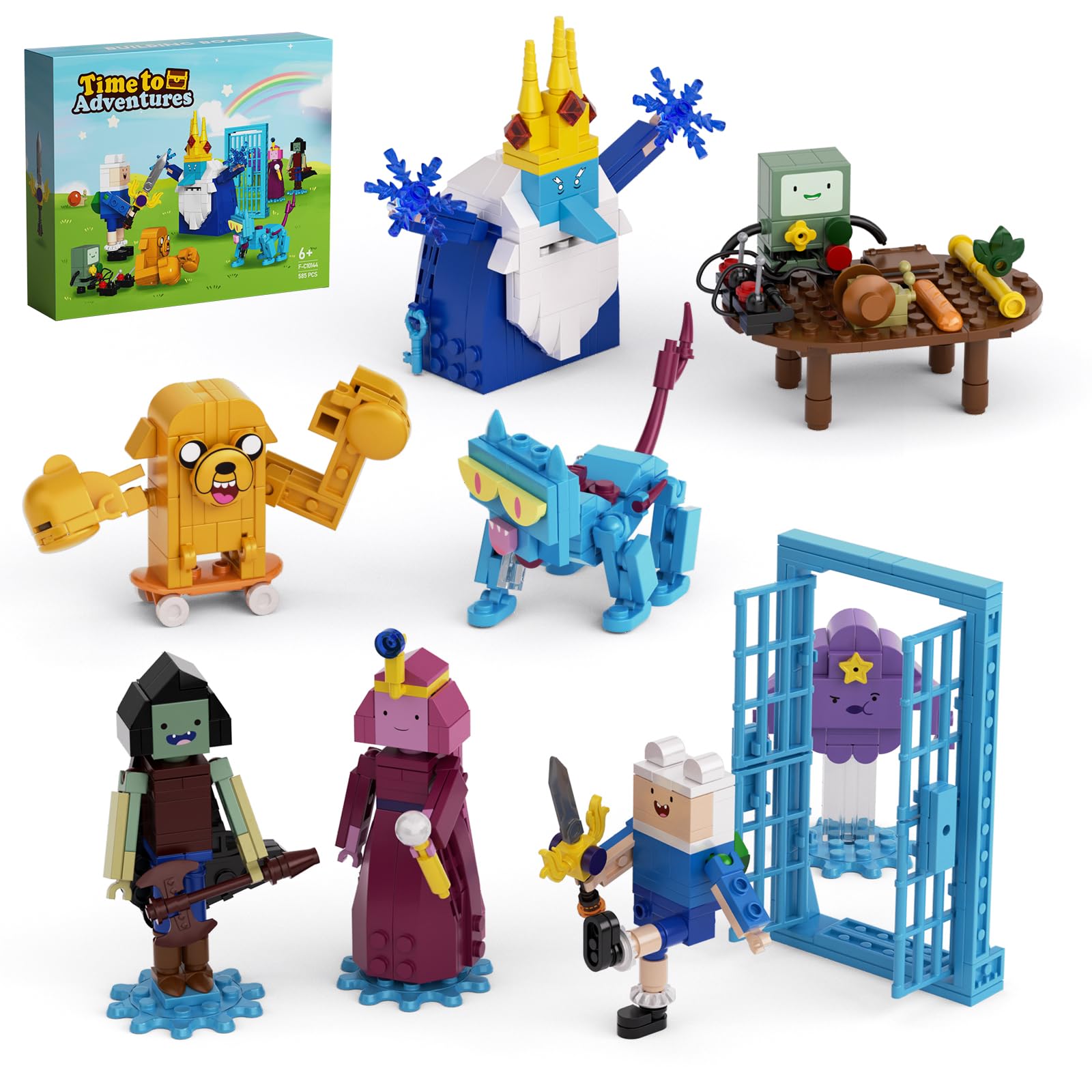 Adventure Building Set- BMO Finn Ice King Bubblegum Marceline Lumpy Space Skateboard dog Devil Cat with Table and Door Building Block Compatible with Lego，for Adventures Cartoon Fans （589pcs）