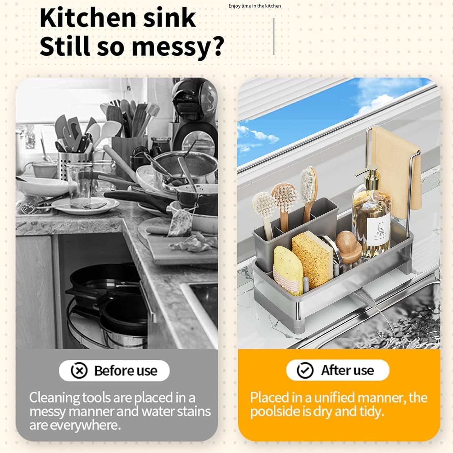 Sponge Holder for Kitchen Sink,Sink Caddy Organizer with Removable Brush Holder,Kitchen Countertop Soap Dispenser Storage with Detachable Towel Rack, Grey - Image 4