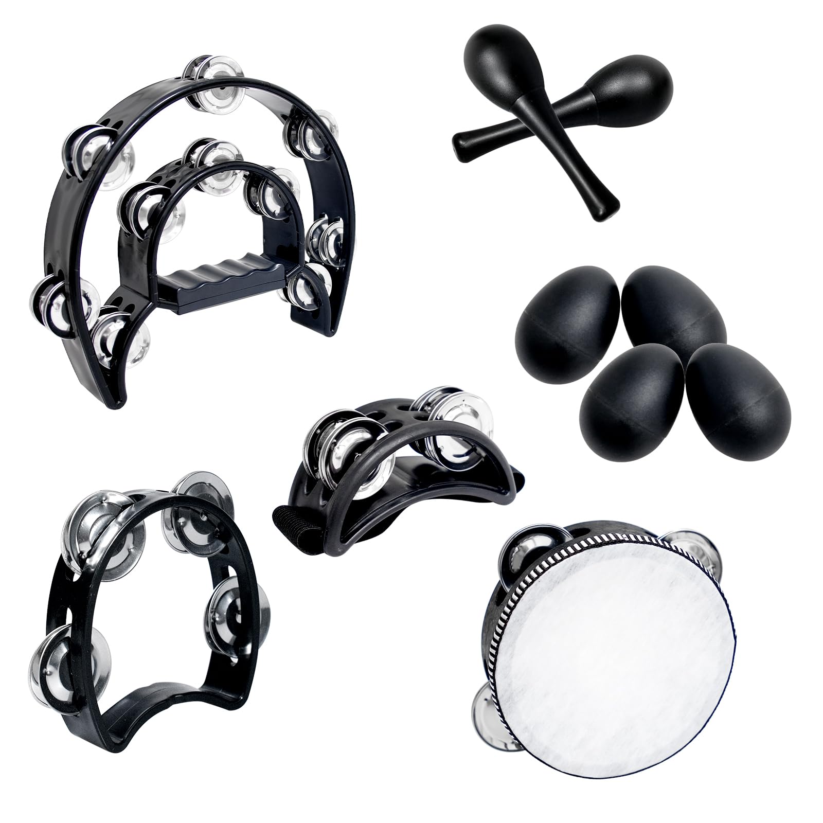 10 panderetas para adultos, juego de percusión musical de mano con cascabeles de metal, pandereta, pie pandereta, martillo de arena, palitos de ritmo de madera, huevos para suministros de fiesta