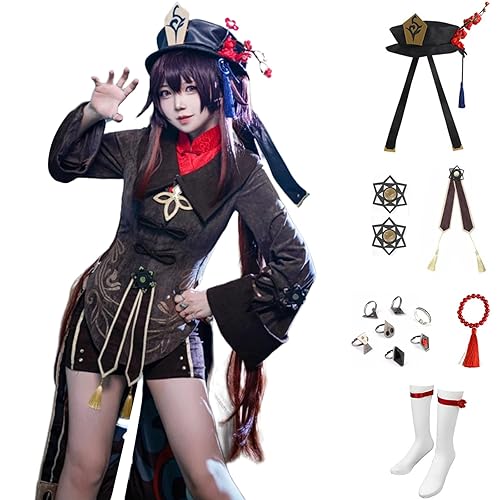 Anime Game Women Brown Uniform Cosplay Costume Dress Shorts Halloween Outfit Full Set with Accessories Hat - Brown - 3X-Large