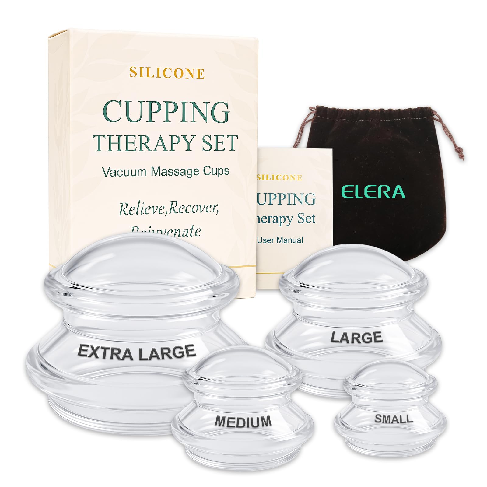 Silicone Massage Cupping Therapy Sets, ELERA Professional Chinese Massage Cups Tools for Joint Pain Relief, Massage Body (4 Cups)