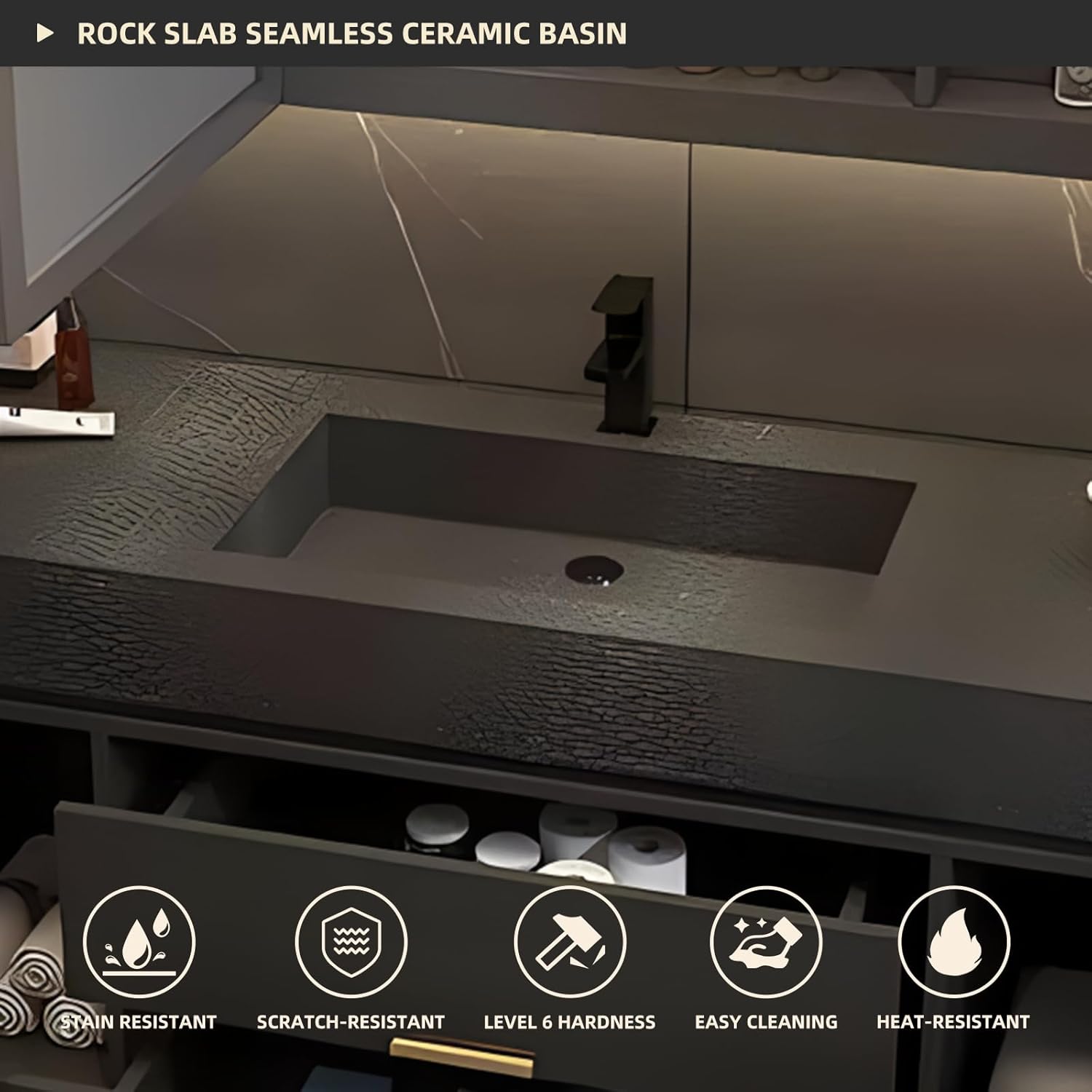 Bathroom Vanity, Floating Bathroom Vanity with Single Sink, Solid Wood Bathroom Vanities Includes LED Smart Defogging Mirror Cabinet & One-Piece Sink, Modern Vanities with 2 Drawer Storage (Black,48")