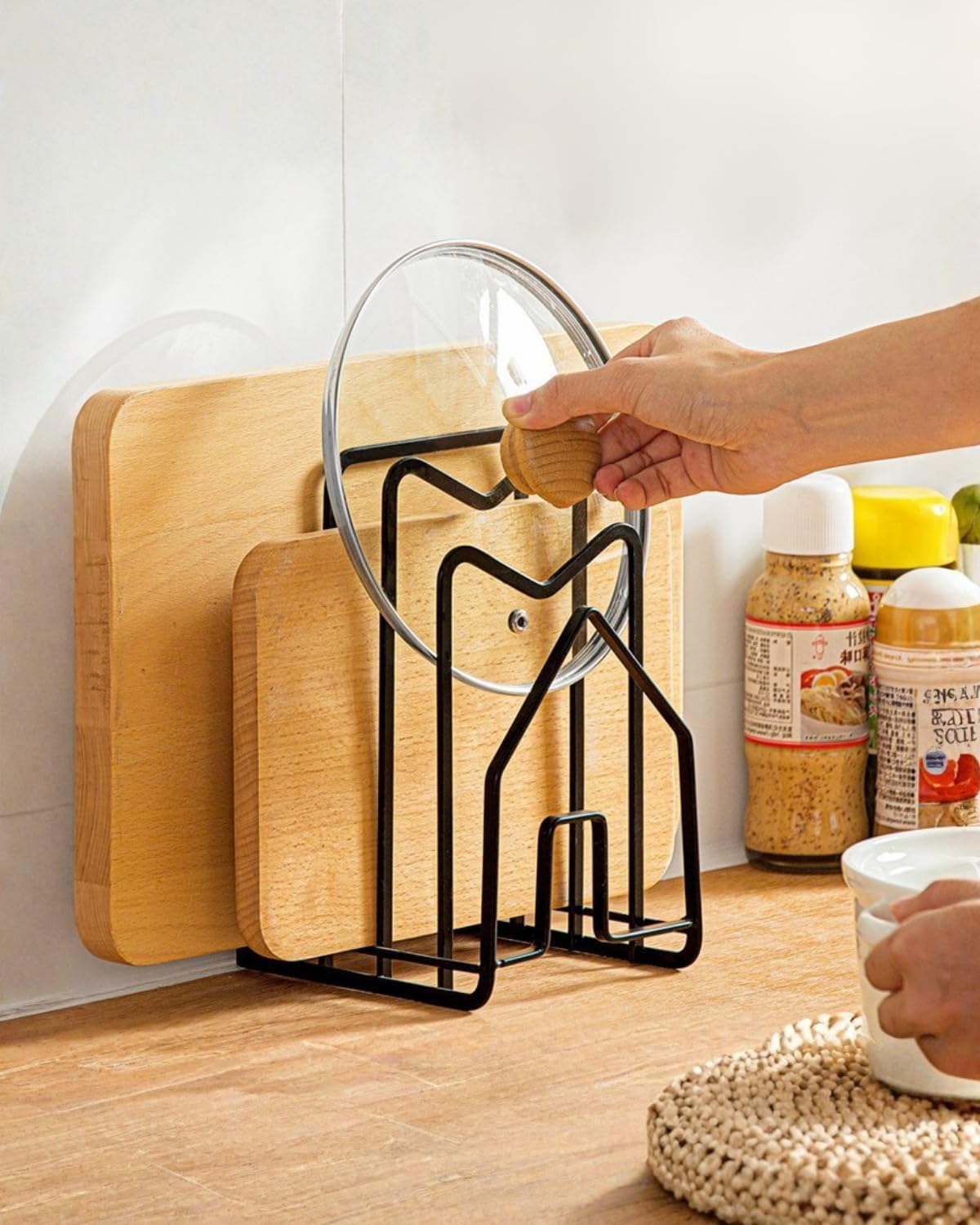 LINFIDITE Cutting Board Holder Chopping Boards Organizer Holder Kitchen Countertop Pot Pan Lids Rack Kitchenware Organizer Flat Steel 4.92 x 5.7 x 8.47 in. Black