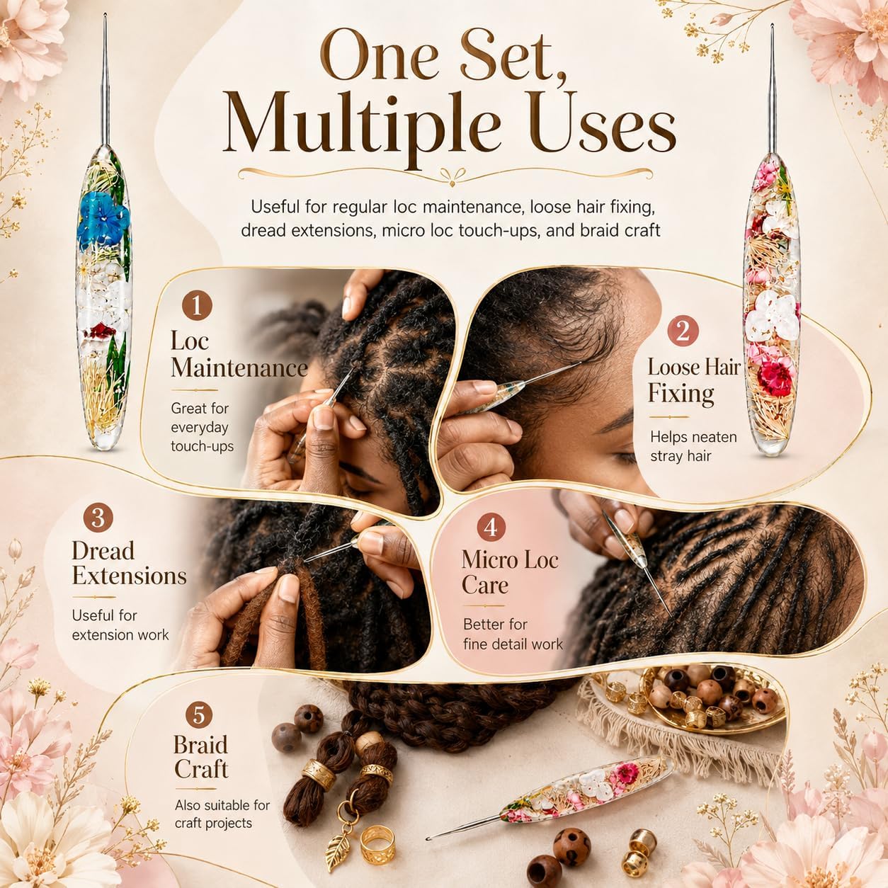 Reessy 2PCS Dreadlock Crochet Hooks for Hair, 0.5mm and 0.75mm Loc Crochet Needle Set with Floral Resin Handles for Dreads, Braid Craft, DIY Loc Maintenance, Retwist and Extensions