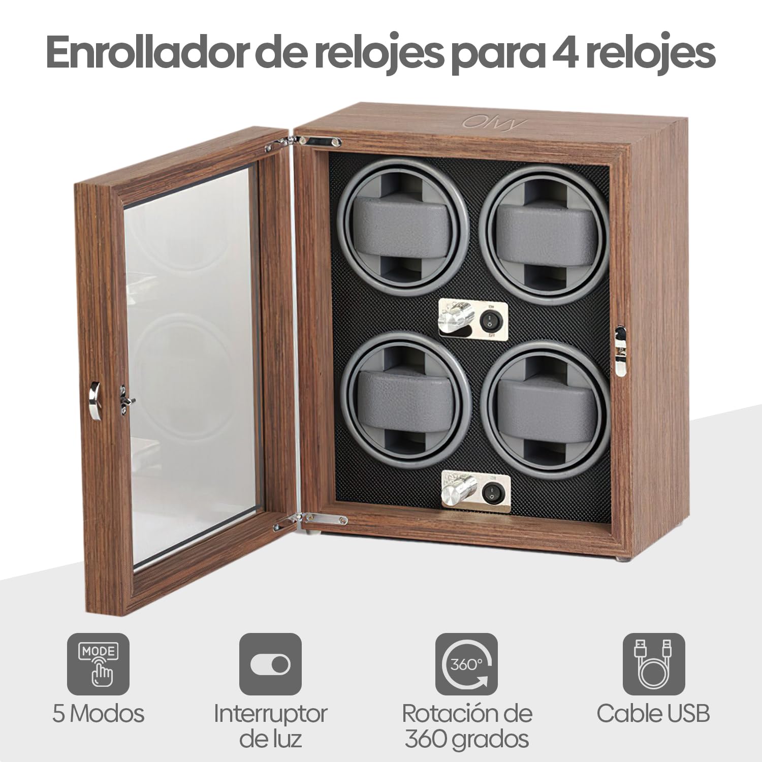 Olvy Caja de Reloj para 4 Relojes, iluminación LED, Caja de Madera, Motor Mabuchi Extremadamente silencioso, cojín Flexible para Relojes