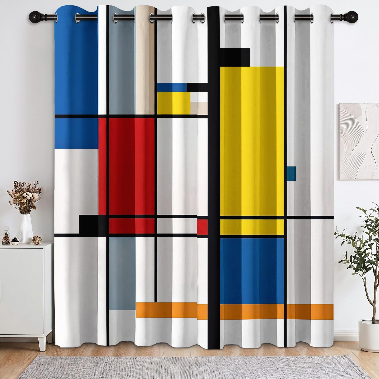 Tenda oscurante con blocchi rettangolari, colore rosso, blu, giallo, tende termiche con occhielli, tenda geometrica astratta per bambini, soggiorno, camera da letto, finestra, set di 2 tende, L 91,5 x
