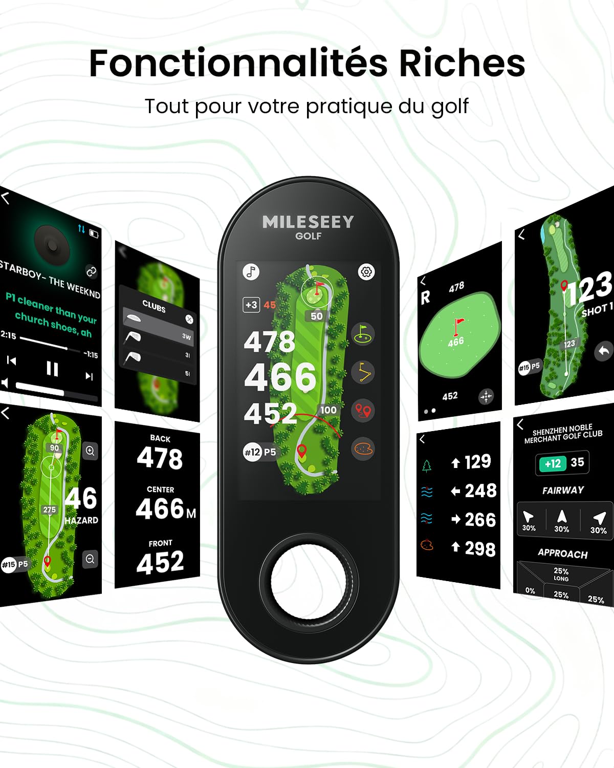 MiLESEEY GeneSonic Pro Haut-Parleur Golf avec GPS Amovible, Écran Tactile 3 Pouces, 43000+ Cours Préchargés, Champ de Vision et Distance Auditive, Batterie 15 Heures, Magnétique, Imperméable à l'eau