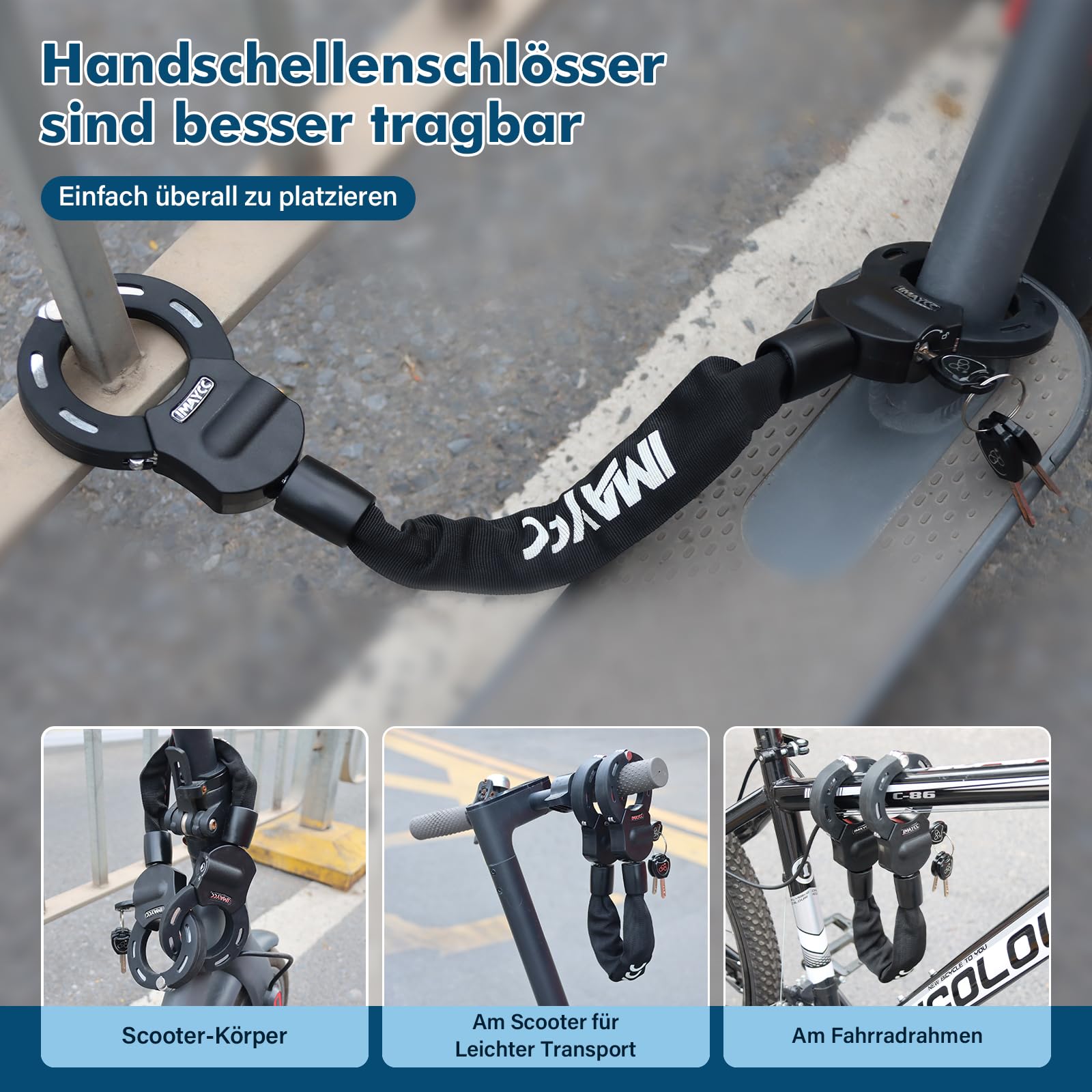 IMAYCC Cerradura para patinete electrónico, cerradura de esposas con llave, cerradura para scooter eléctrico con manga de bloqueo de goma, candado para bicicleta de alta seguridad, ideal para scooters