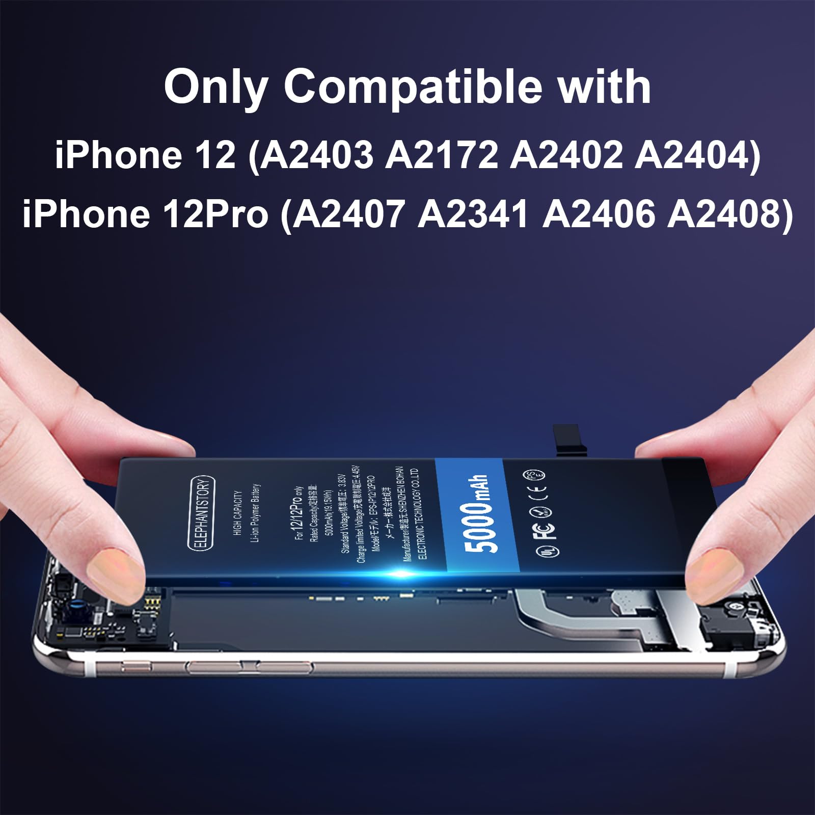 Elephantstory Akku für iPhone 12/12 Pro, 5000 mAh Hohe Kapazität Ersatzakku Lithium Polymer Akku mit Reparatur Werkzeugsatz und Anleitung Buch