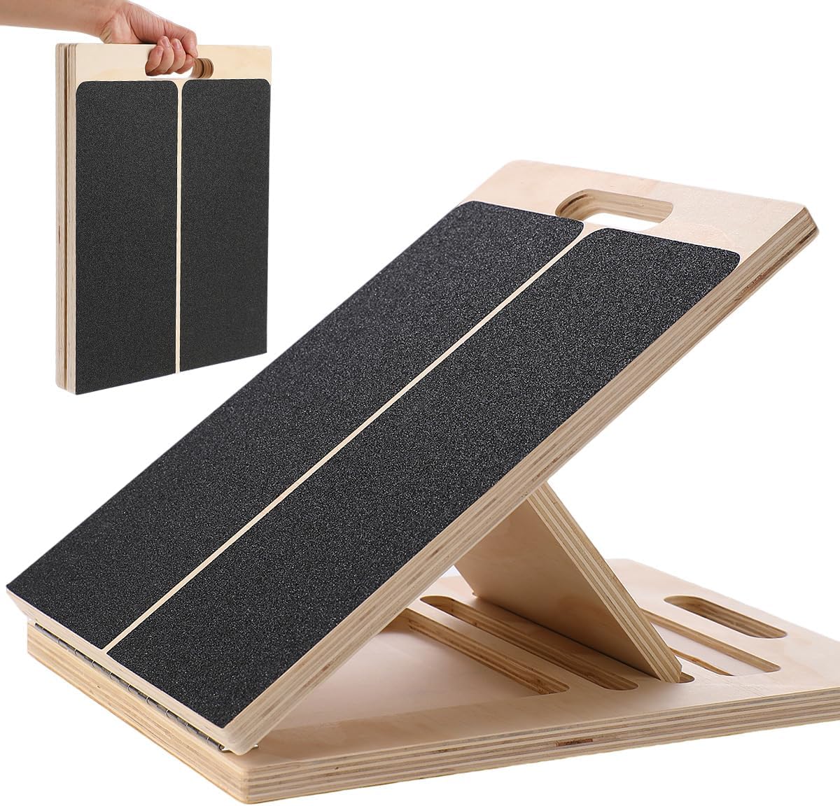 Portable Wooden Slant Board, Wooden Pilates Board, 5-Level Adjustable Non-Slip Balance Board for Home Gym Office Beginners Athletes Rehab Calf Stretching Squats Physical Therapy