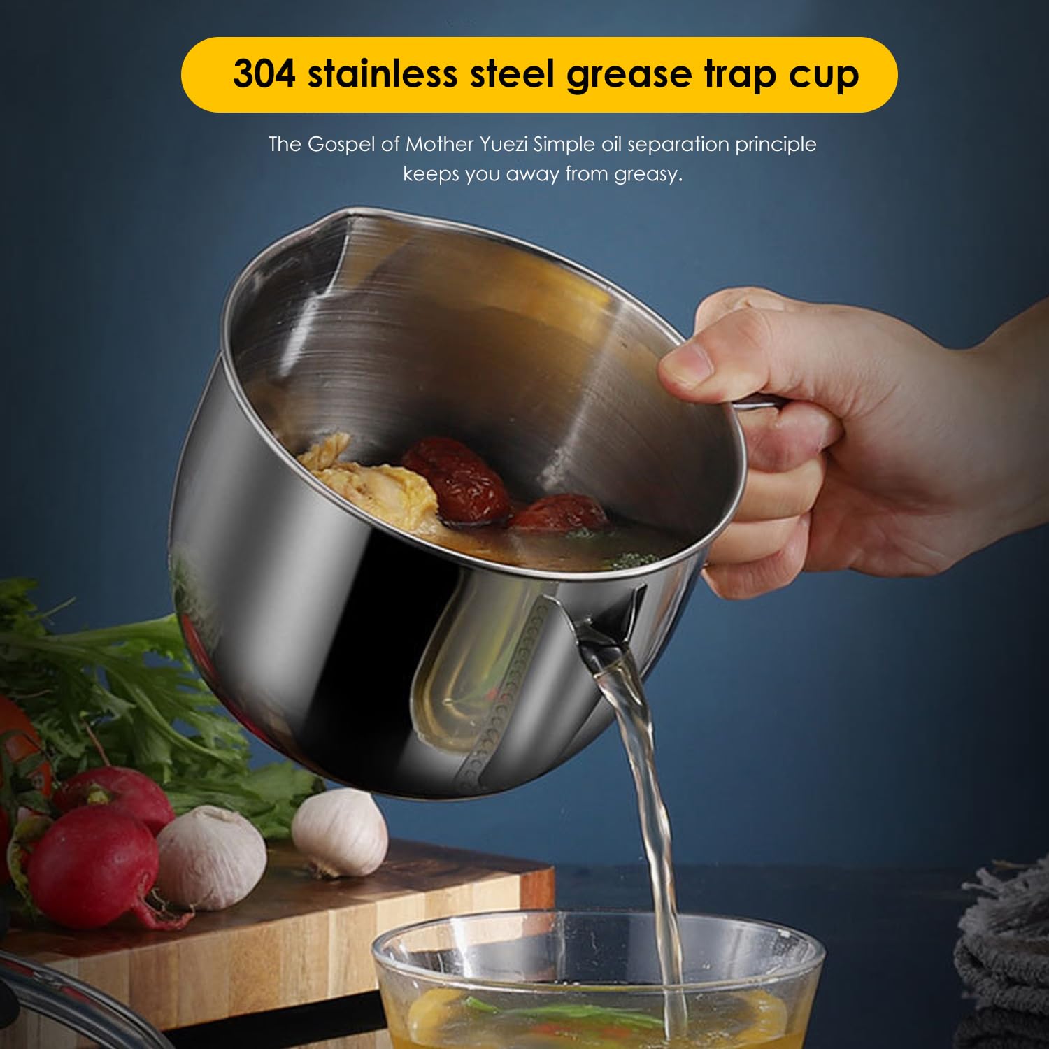 Tissting Récipient à Graisse 1000 ml Acier Inoxydable avec Passoire et Couvercle en Verre - Séparateur de Graisse pour Cuisson Design Bidirectionnel Chauffage par Induction 39.37 cm/15.5 inches