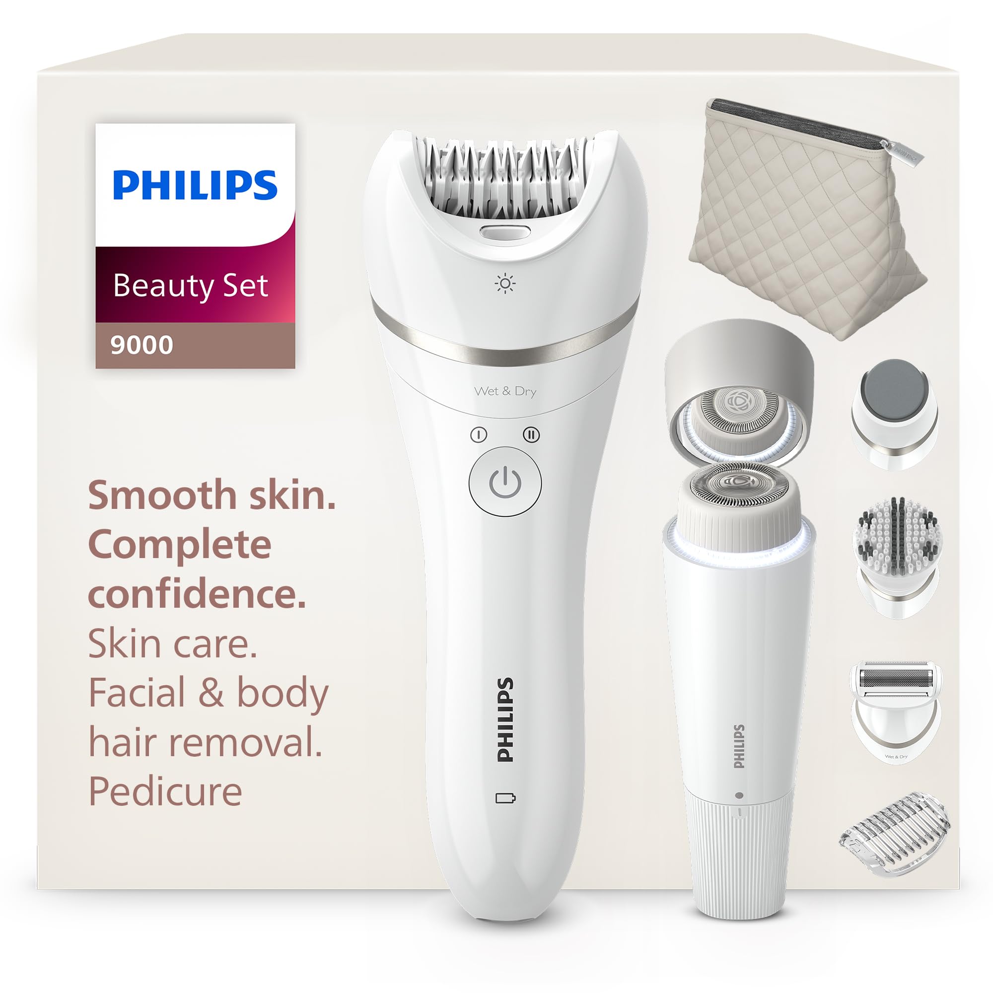 Philips Beauty Set Series 9000 - All-In-One für Körper, Gesicht und Füße, kabelloser Epilierer, nass und trocken, mit 6 Zubehörteilen, Modell BRE770/92