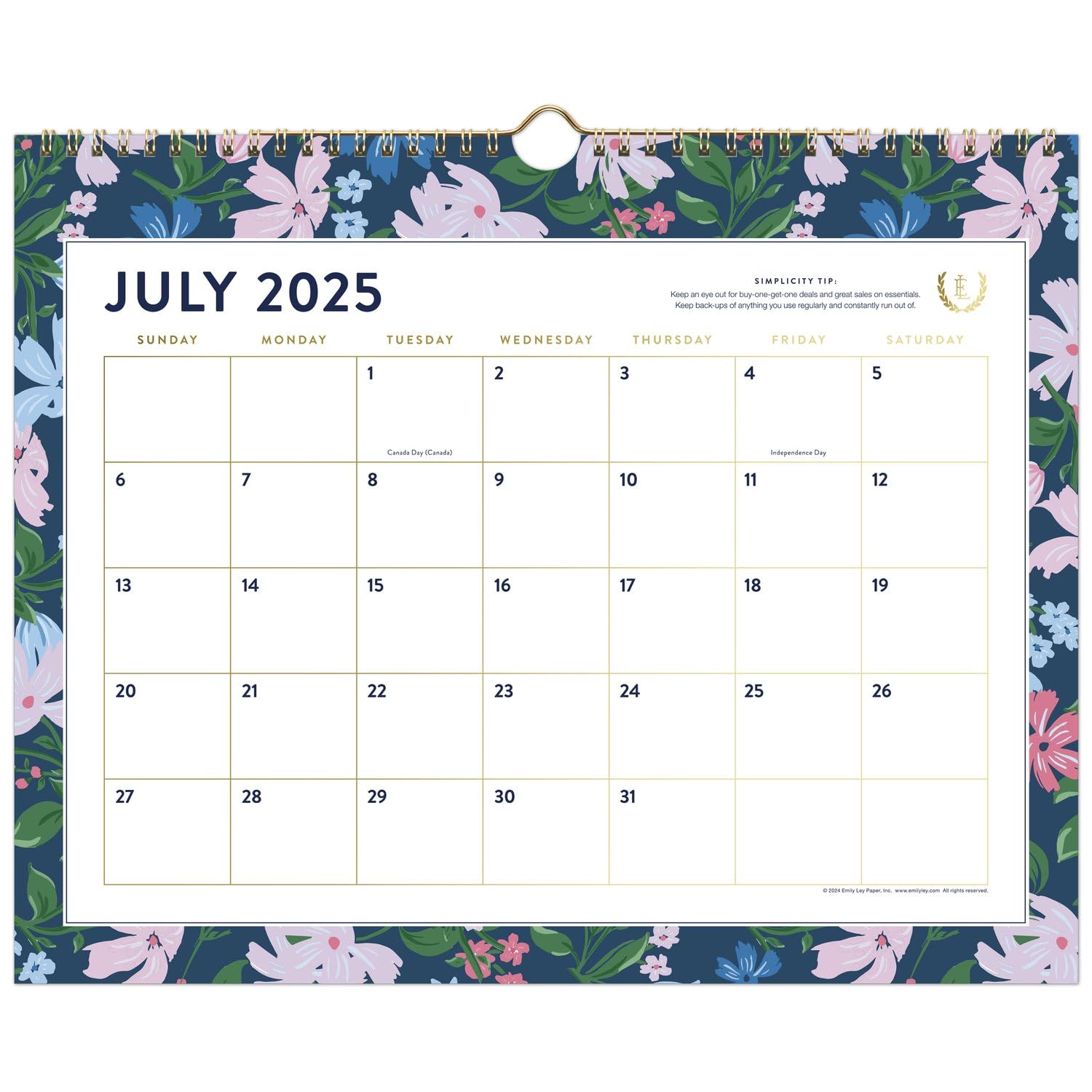 Wall Calendar 2025-2026 Academic, Simplified by Emily Ley, Monthly, 15" x 12", Medium, Unruled Daily Blocks, Petite Floral (EL38-707A)