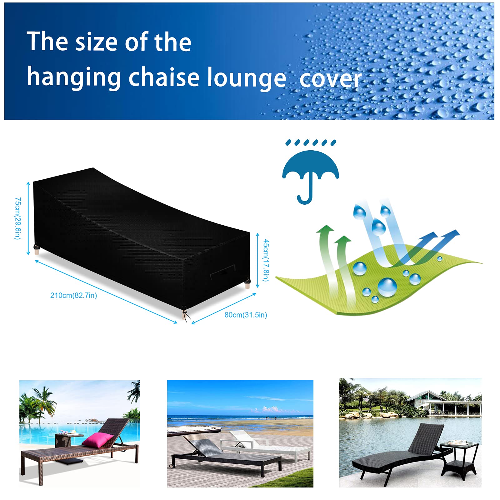 Copri Sdraio Giardino Impermeabile Oxford 420D - Con Coulisse E Maniglie, Nero, 210x75x40/70cm