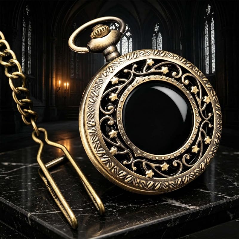 Espelho de mão redondo DerMacht em obsidiana, modelo Secret Garden Bronze, com corrente e caixa