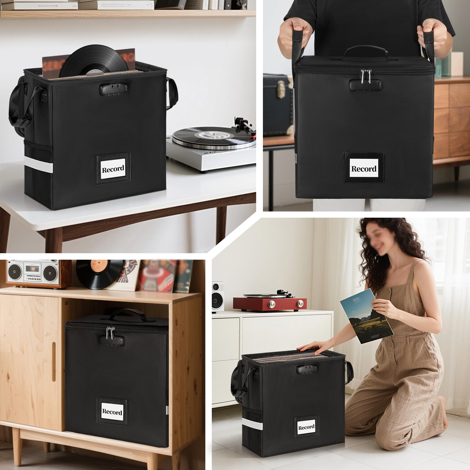 OUUTMEE Feuerfeste Vinyl-Schallplatten-Aufbewahrungsbox mit Schloss, wasserfeste Klappbare LP-Schallplatten-Aufbewahrung für 12" Schallplatten, Hält bis zu 30+ einzelne Schallplatten, Klein