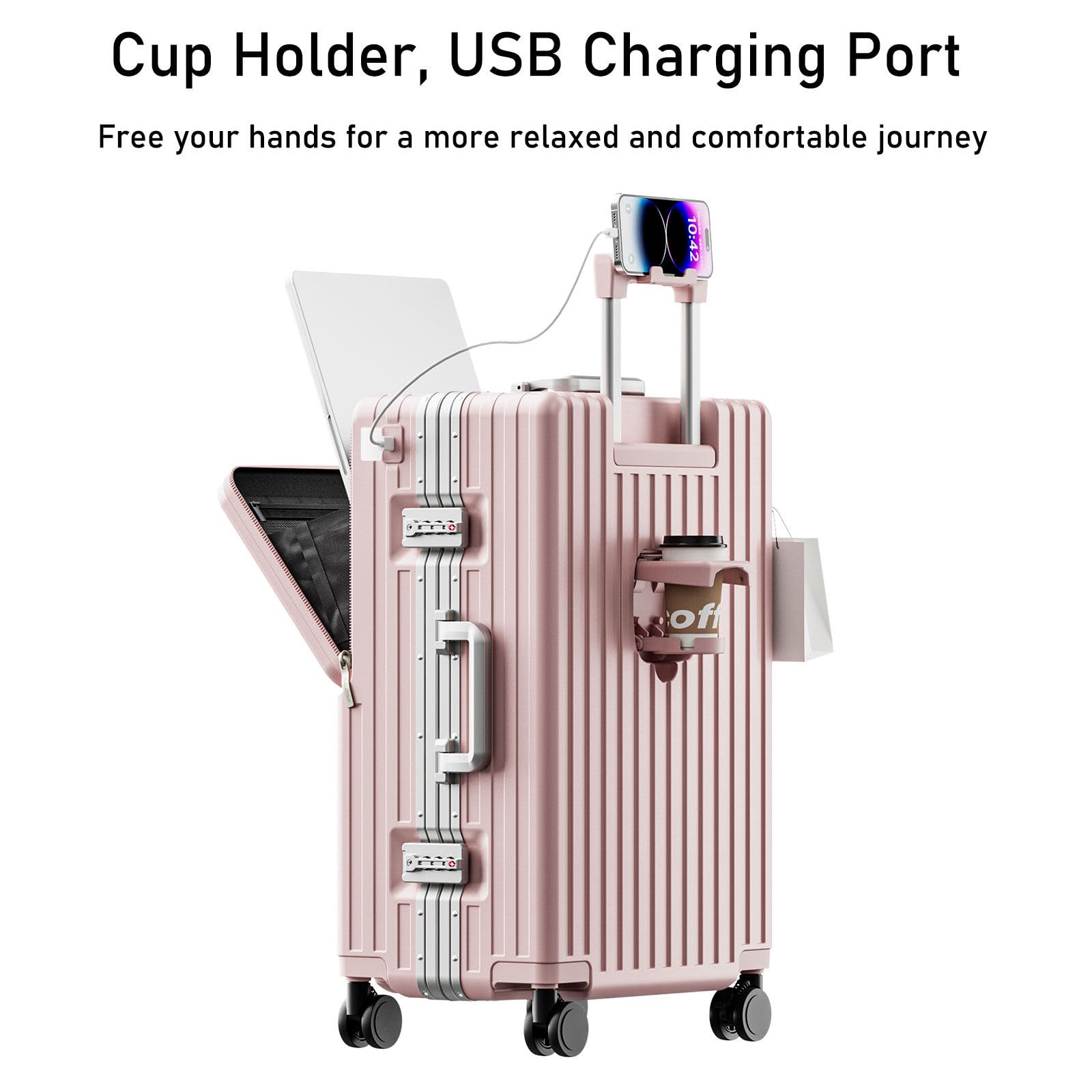 LEOVEN LS-2518 walizka podróżna z uchwytem na napoje, USB, twarda obudowa, aluminiowa rama, ciche kółka 360°, z hamulcem i amortyzatorem, zamek calowy TSA