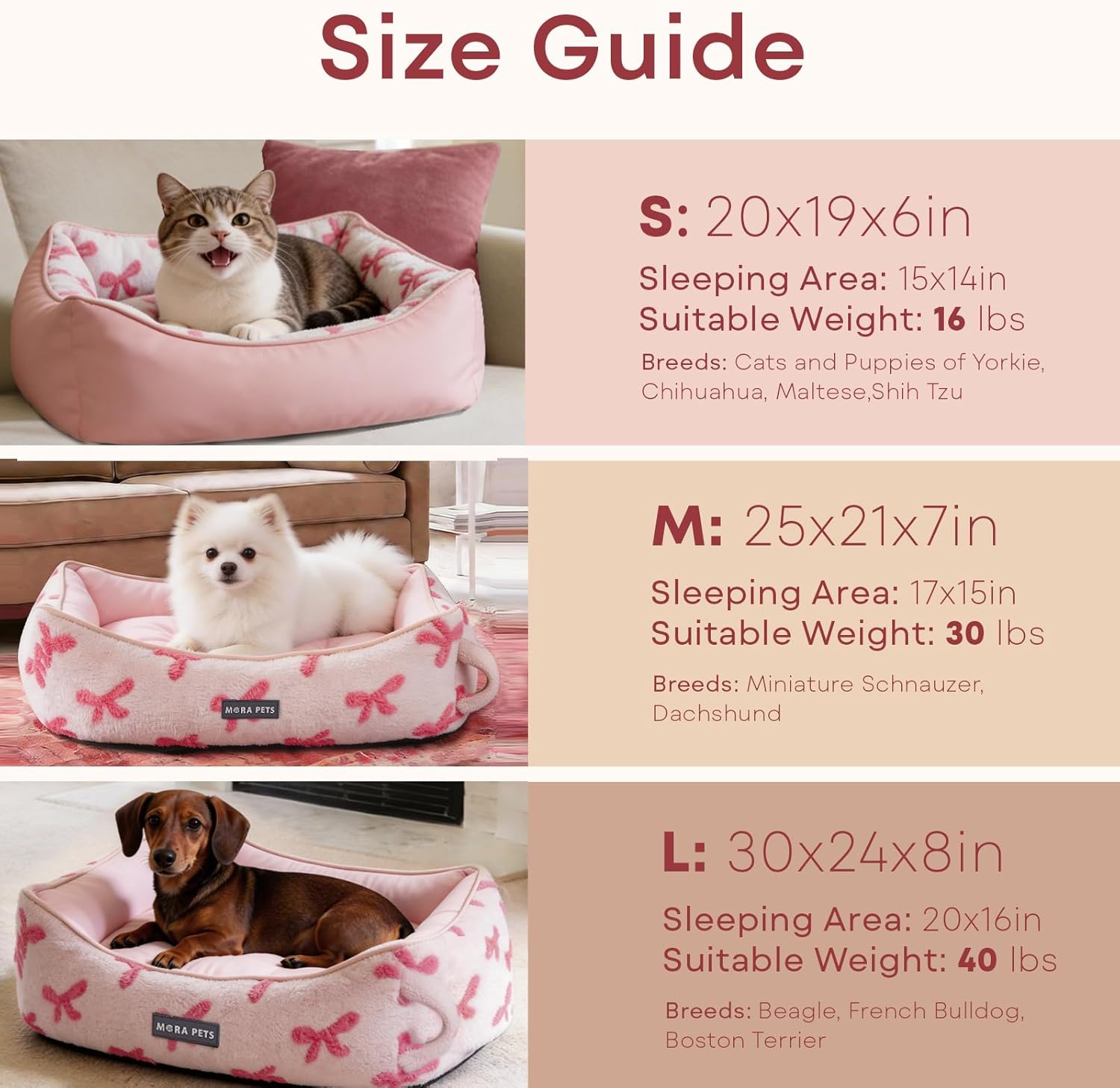 Mora Pets Reversible Cat Bed for Indoor Cats and Small Dogs Washable - Cool & Warm 2-in-1 Anti Anxiety Calming Pet Bed for Summer, Rectangle Puppy Bed with Cute Pink Bow (20″x19″x6″)