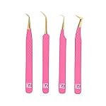 M LASH Tweezers for Eyelash Extensions (Set of 4) - Professional Lash Extension Tweezers - Fiber Tip, Japanese Steel, Diamond Grip Eyelash Extension Tweezer set (Pink)