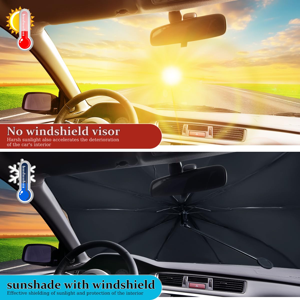 SRJEQC Pare Soleil Pare Brise Avant, Parapluie Universel pour Voiture, 136.5 x 76cm, Bloque 99,9% des Rayons UV, Compatible avec la Plupart des Voitures